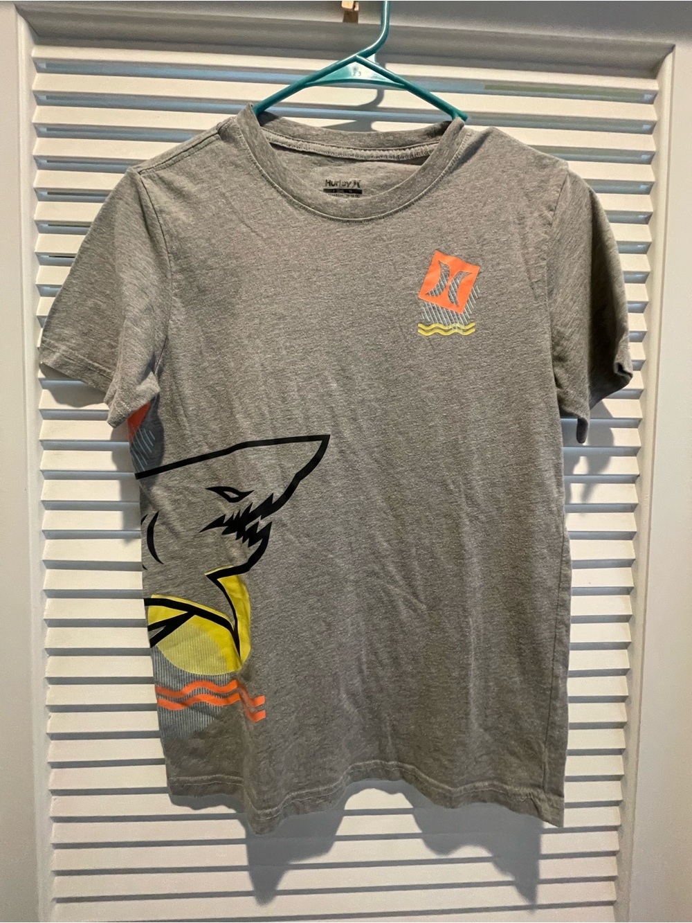 Hurley Gray Tee with Shark Graphic and Neon Accents
